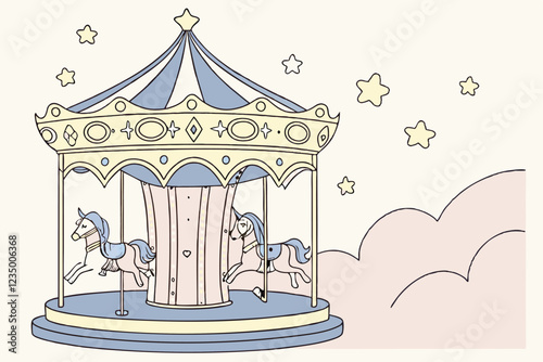  Carousel, merry-go-round, pastel blue and white, gold accents, ornate details, star topper, ribbons, delicate horses, whimsical, dreamy, soft lighting, vintage style, miniature, decorative, festive, 