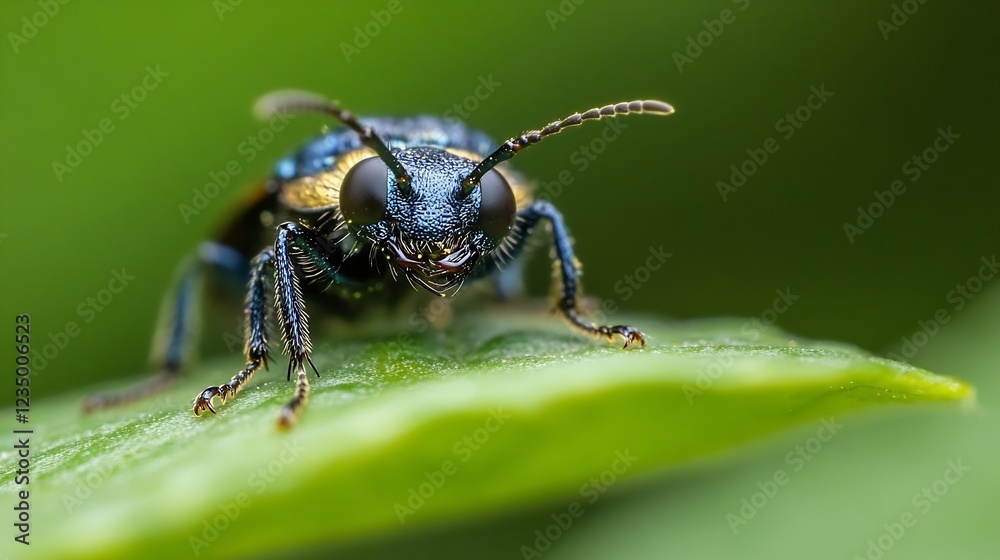 Metallic blue and gold beetle resting on leaf showcasing detailed natural patterns : Generative AI Metallic blue and gold beetle resting on leaf showcasing detailed natural patterns : Generative AI