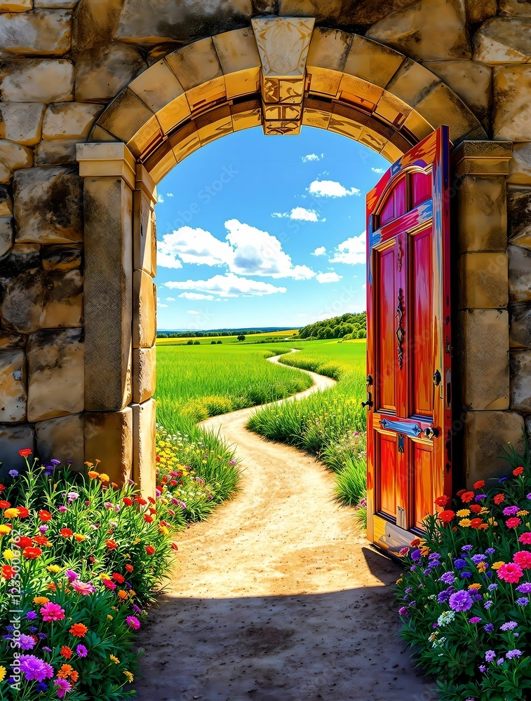 A vibrant red wooden door set in a rustic stone archway opens to a lush green landscape with a winding path under a bright blue sky with soft white clouds.