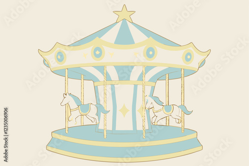  Carousel, merry-go-round, pastel blue and white, gold accents, ornate details, star topper, ribbons, delicate horses, whimsical, dreamy, soft lighting, vintage style, miniature, decorative, festive, 