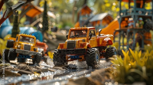 Colorful toy trucks racing through a vibrant, miniature construction landscape. photo