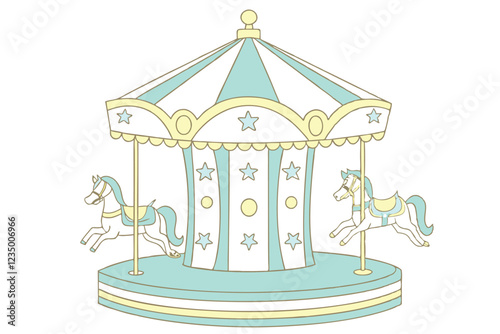  Carousel, merry-go-round, pastel blue and white, gold accents, ornate details, star topper, ribbons, delicate horses, whimsical, dreamy, soft lighting, vintage style, miniature, decorative, festive, 
