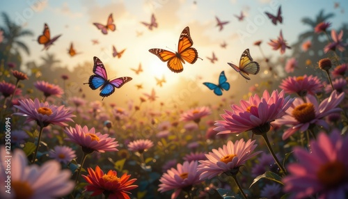 A stunning close-up portrait of colorful butterflies flying gracefully in a botanical garden during early morning. Dewdrops glisten on the petals as the first rays of sunlight create a dreamy silhouet photo