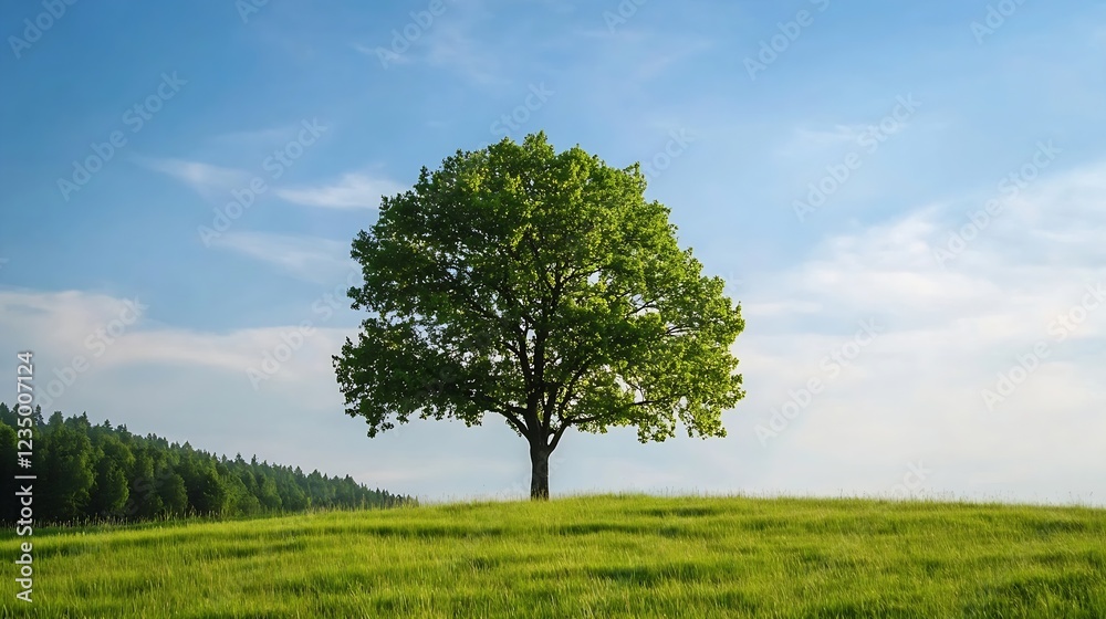 Vibrant Lone Tree on Grassy Hill Under Clear Blue Sky Capturing Essence of Simplicity : Generative AI