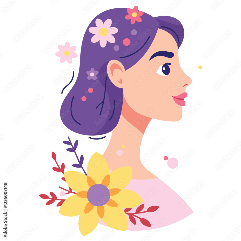 A cheerful, stylized illustration of a woman in profile view, showcasing a positive and springtime mood A cheerful, stylized illustration of a woman in profile view, showcasing a positive and springtime mood
