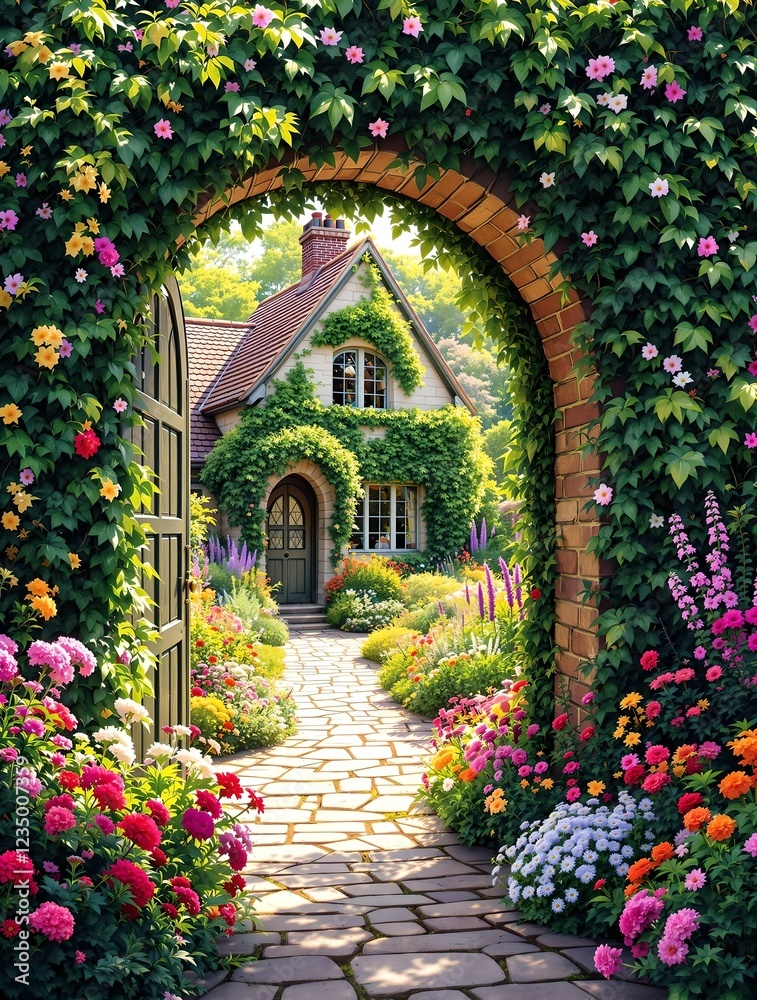 A charming ivy-covered archway with an open green wooden door leads to a picturesque cottage surrounded by a vibrant flower garden under warm golden sunlight.