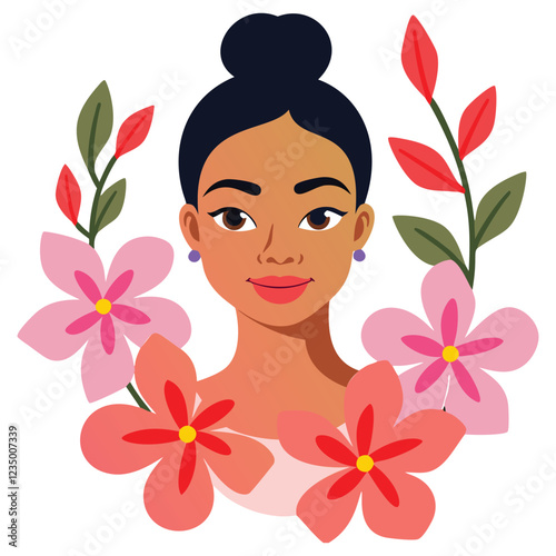 A vibrant illustration of a beautiful woman of color with a warm smile