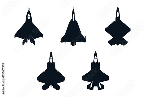 Fighter jet aircraft silhouette icon set, top view, vector logo illustration