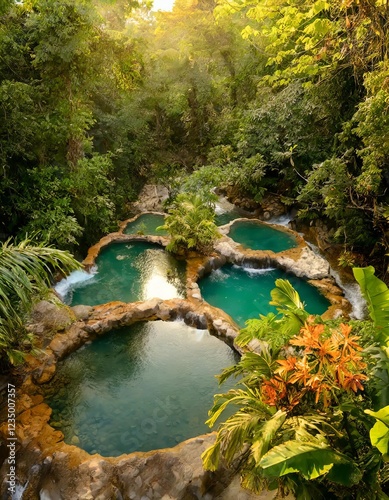 Semuc champey natural pools with turquoise water surrounded by lush vegetation photo