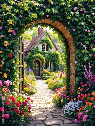 Obraz na płótnie A charming ivy-covered archway with an open green wooden door leads to a picturesque cottage surrounded by a vibrant flower garden under warm golden sunlight. w salonie