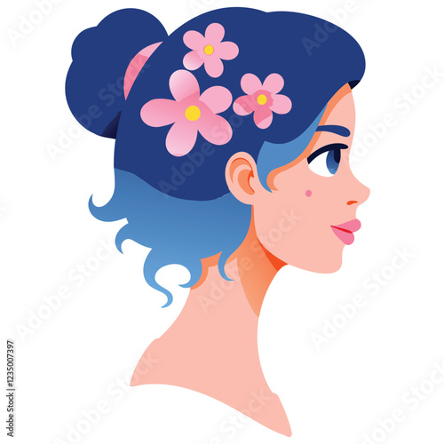 A stylized profile view of a young woman with vibrant blue hair and delicate pink flowers adorning her updo