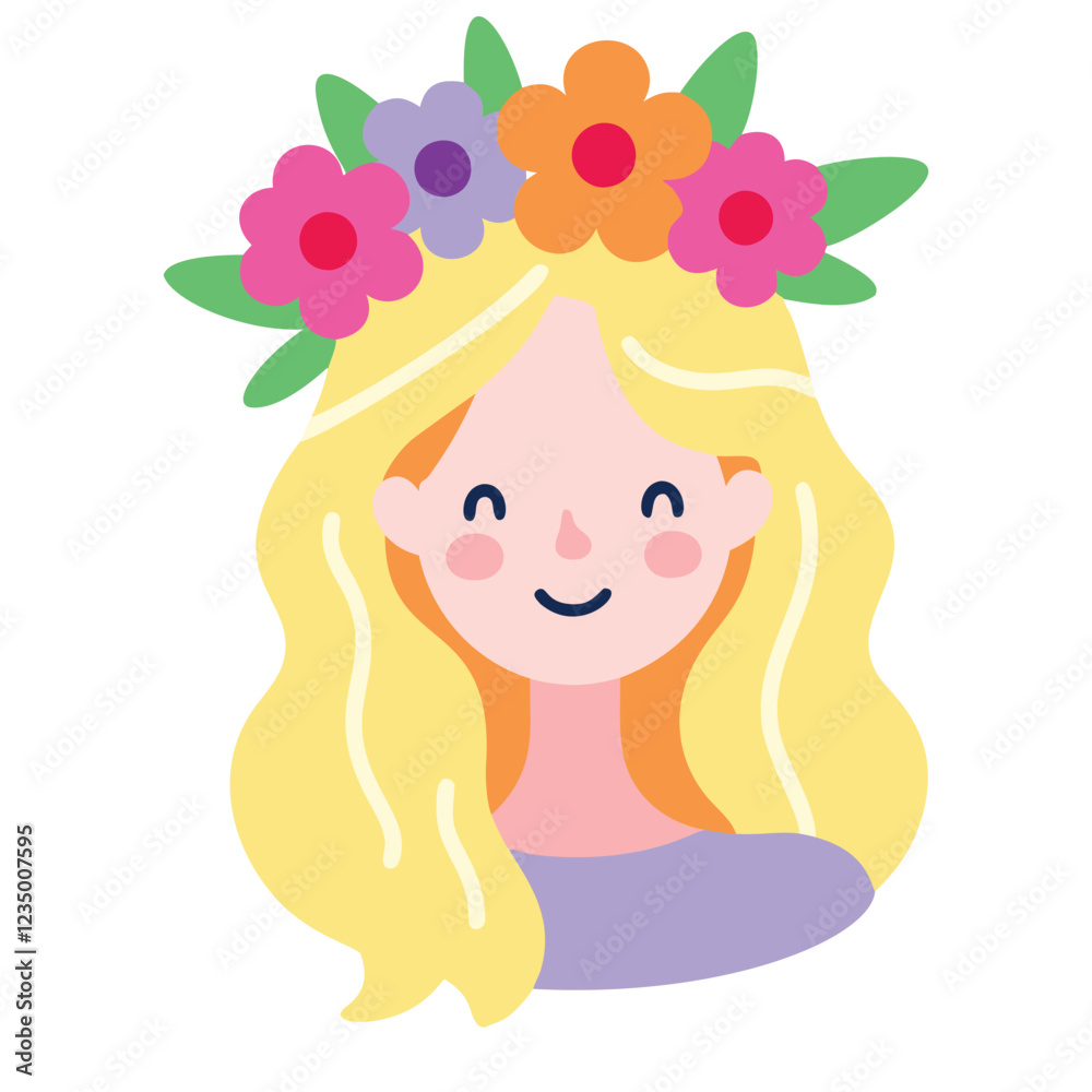 A cheerful cartoon girl with long, wavy blonde hair wearing a flower crown A cheerful cartoon girl with long, wavy blonde hair wearing a flower crown