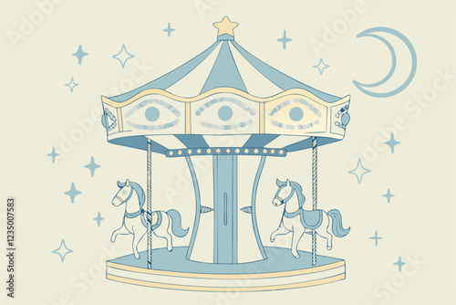  Carousel, merry-go-round, pastel blue and white, gold accents, ornate details, star topper, ribbons, delicate horses, whimsical, dreamy, soft lighting, vintage style, miniature, decorative, festive, 