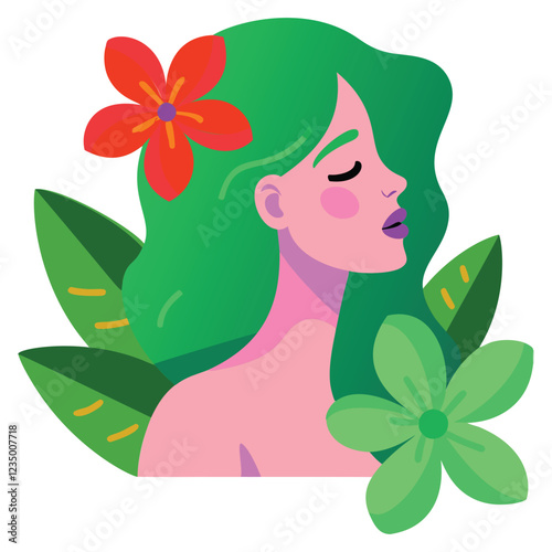 A vibrant and stylized illustration of a woman with green hair, a serene expression, and tropical flowers adorning her head