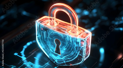 A glowing futuristic padlock with holographic shield layers and swirling encryption effects in a cyber theme
