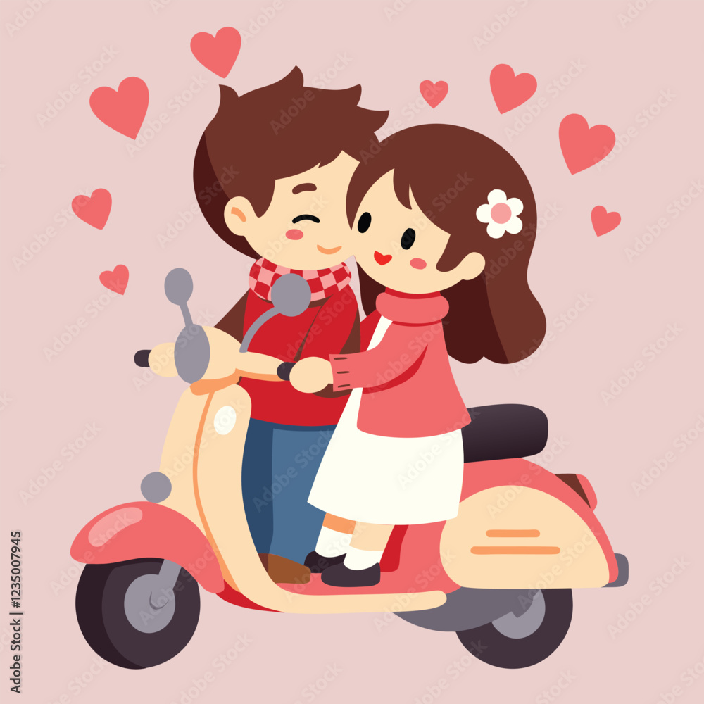 Cartoon illustration of a loving couple riding a scooter Cartoon illustration of a loving couple riding a scooter