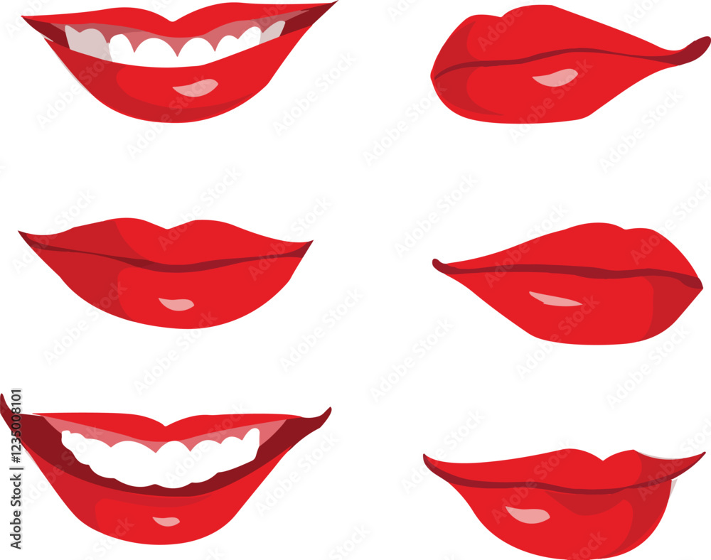 Set of red lips with different emotions vector illustration isolated on a white background. Set of red lips with different emotions vector illustration isolated on a white background.