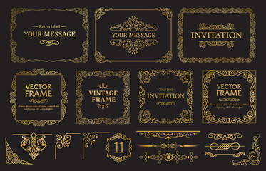 Design gold elements set, decorative flourish border corner and frame collection for invitation, menu and page decoration