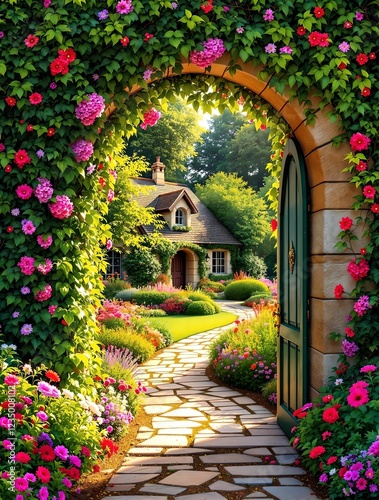 Obraz na płótnie A beautifully adorned ivy and flower-covered archway with an open green door welcomes visitors into a magical garden leading to a cozy fairytale cottage bathed in warm sunlight w salonie