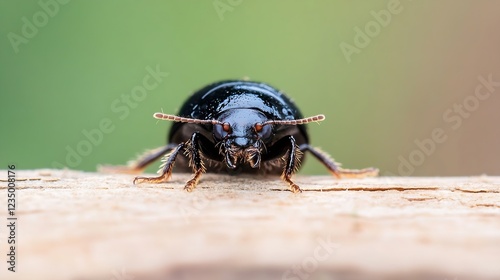 Black Beetle Portrait on Wooden Surface in Natural Eco Friendly Setting : Generative AI photo