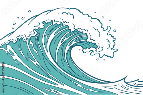 Ocean wave, cresting turquoise water, dynamic splash, white foam, watercolor technique, ethereal blue tones, fluid motion, powerful surf, artistic rendering, liquid energy, marine art, translucent aqu