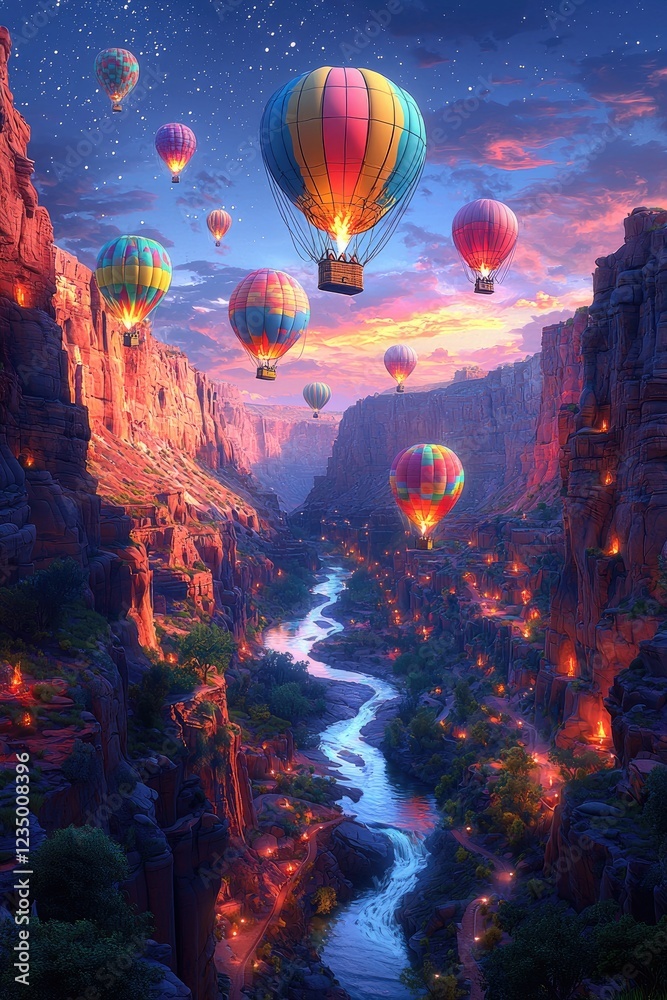 Fototapeta premium Hot Air Balloons Soar Over Canyon River Valley at Sunset