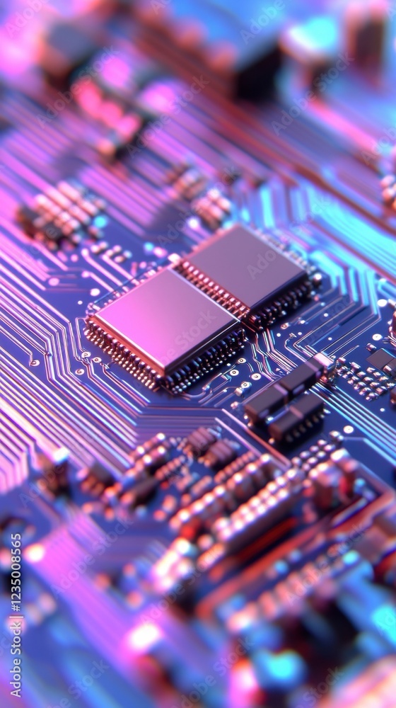 Obraz premium This is a vibrant, futuristic digital artwork of a tech circuit board, displaying intricate patterns and neon colors, emphasizing a high-tech electronic mood.