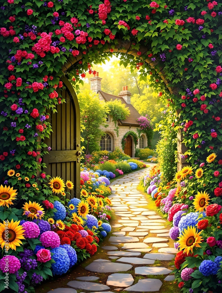 A beautifully adorned ivy and flower-covered archway with an open green door welcomes visitors into a magical garden leading to a cozy fairytale cottage bathed in warm sunlight
