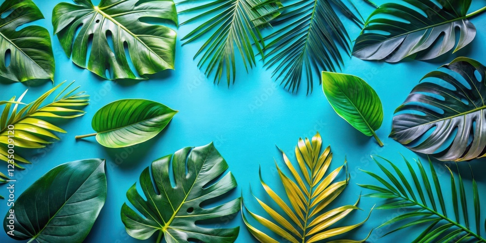 Naklejka premium A Vibrant Arrangement of Lush Tropical Leaves on a Blue Background