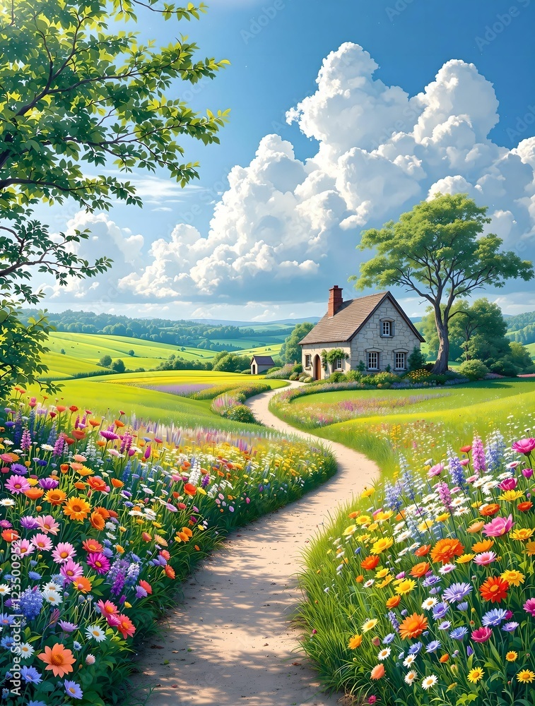 A winding dirt path lined with vibrant wildflowers leads to a charming countryside cottage, nestled in rolling green fields under a bright blue sky with fluffy white clouds.