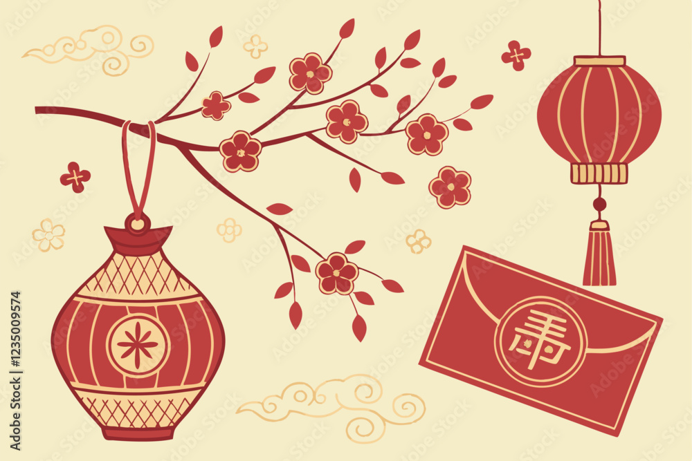 Naklejka premium Chinese New Year decorations, red and gold ornaments, traditional vase, red envelope, hanging lantern, paper-cut designs, auspicious symbols, festive ornaments, intricate patterns, cultural motifs, ri