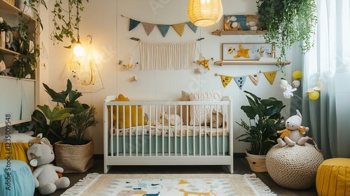Junglethemed nursery with playful decor and cozy babyfriendly environment full of greenery : Generative AI photo
