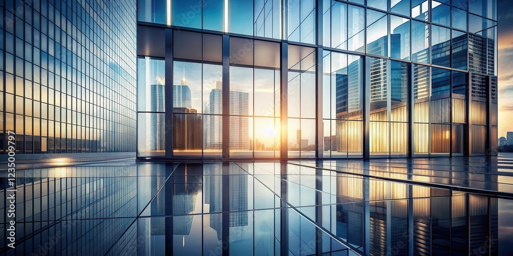 A modern office building with a glass facade reflecting the cityscape and a golden sunset A modern office building with a glass facade reflecting the cityscape and a golden sunset