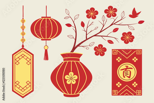 Chinese New Year decorations, red and gold ornaments, traditional vase, red envelope, hanging lantern, paper-cut designs, auspicious symbols, festive ornaments, intricate patterns, cultural motifs, ri