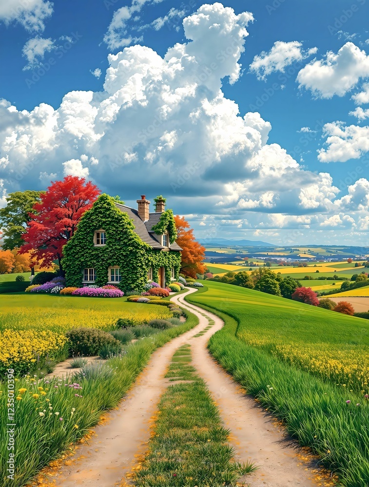 A winding dirt path lined with vibrant wildflowers leads to a charming countryside cottage, nestled in rolling green fields under a bright blue sky with fluffy white clouds.