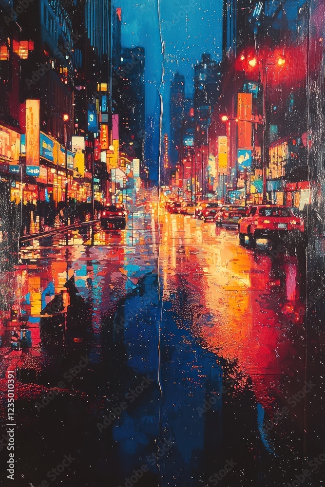Naklejka premium Rainy Night Cityscape Vibrant Lights Reflecting