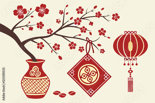 Chinese New Year decorations, red and gold ornaments, traditional vase, red envelope, hanging lantern, paper-cut designs, auspicious symbols, festive ornaments, intricate patterns, cultural motifs, ri