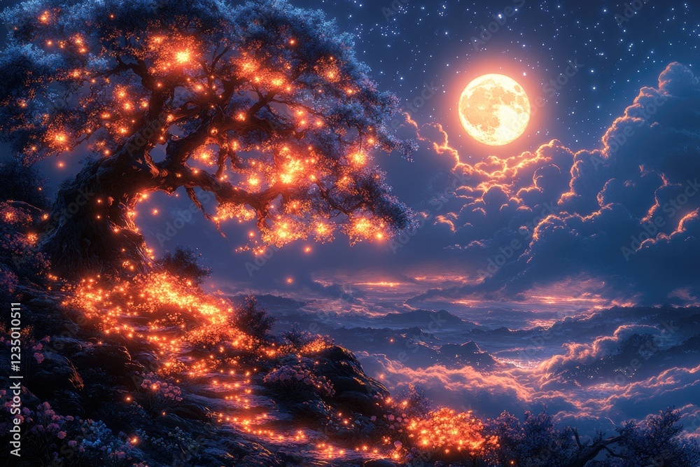 Fototapeta premium Luminous Treetop Illumination Underneath a Night Sky