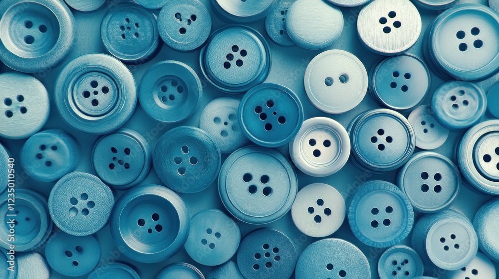 Collection of various sizes of light blue sewing buttons. Collection of various sizes of light blue sewing buttons.