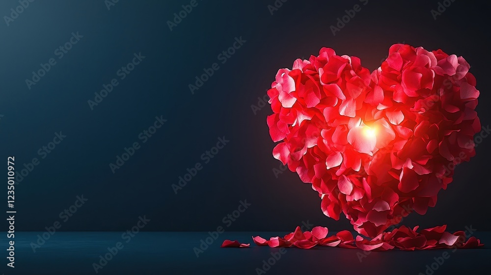 Heart made of red petals glowing softly in dark background. Heart made of red petals glowing softly in dark background.