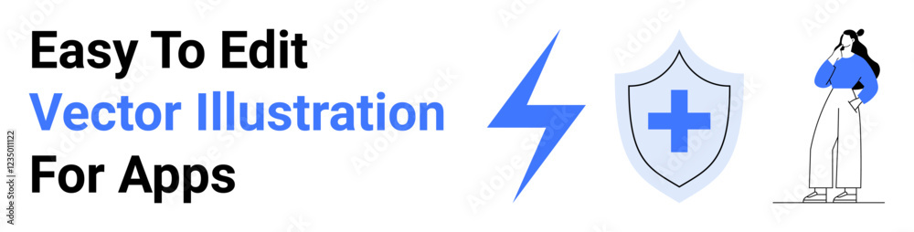Woman pondering beside shield with cross and lightning bolt symbolizing protection and energy. Ideal for health, security, safety, technology, innovation, energy, apps. Perfect flat landing page Woman pondering beside shield with cross and lightning bolt symbolizing protection and energy. Ideal for health, security, safety, technology, innovation, energy, apps. Perfect flat landing page
