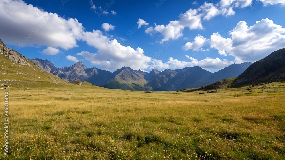 Expansive Mountain Valley with Vast Grasslands and Majestic Peaks Under Blue Skies : Generative AI Expansive Mountain Valley with Vast Grasslands and Majestic Peaks Under Blue Skies : Generative AI