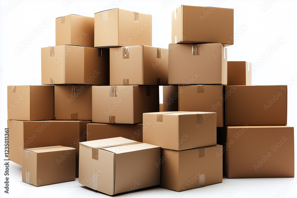 chaotic pile of cardboard boxes stacked together, creating sense of disarray and clutter. background is white, emphasizing boxes shapes and sizes chaotic pile of cardboard boxes stacked together, creating sense of disarray and clutter. background is white, emphasizing boxes shapes and sizes