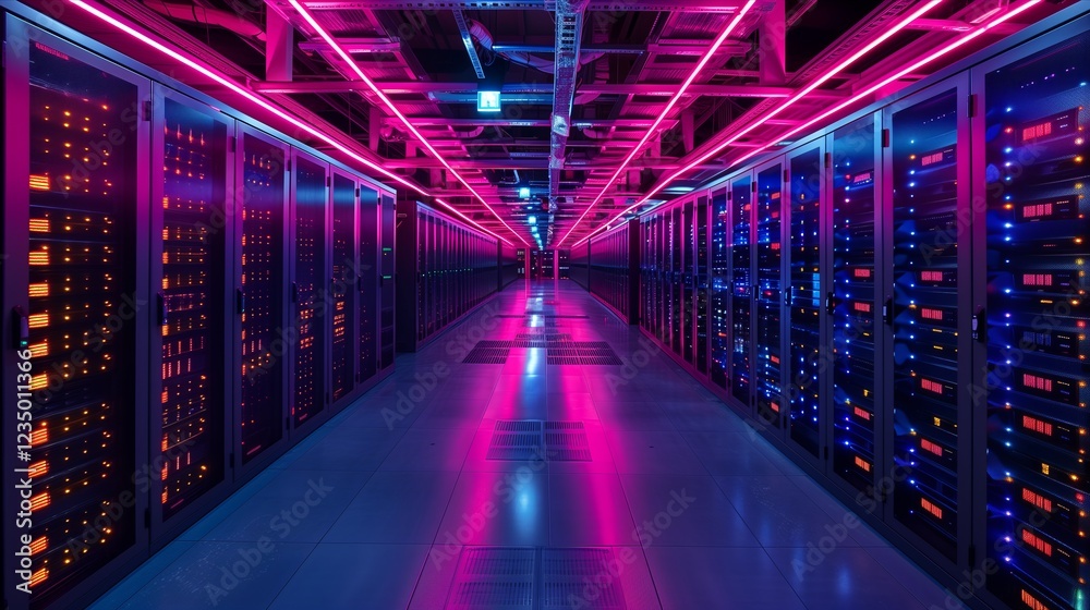 Fototapeta premium Futuristic data center with neon lights illuminating server rows and high-tech equipment.