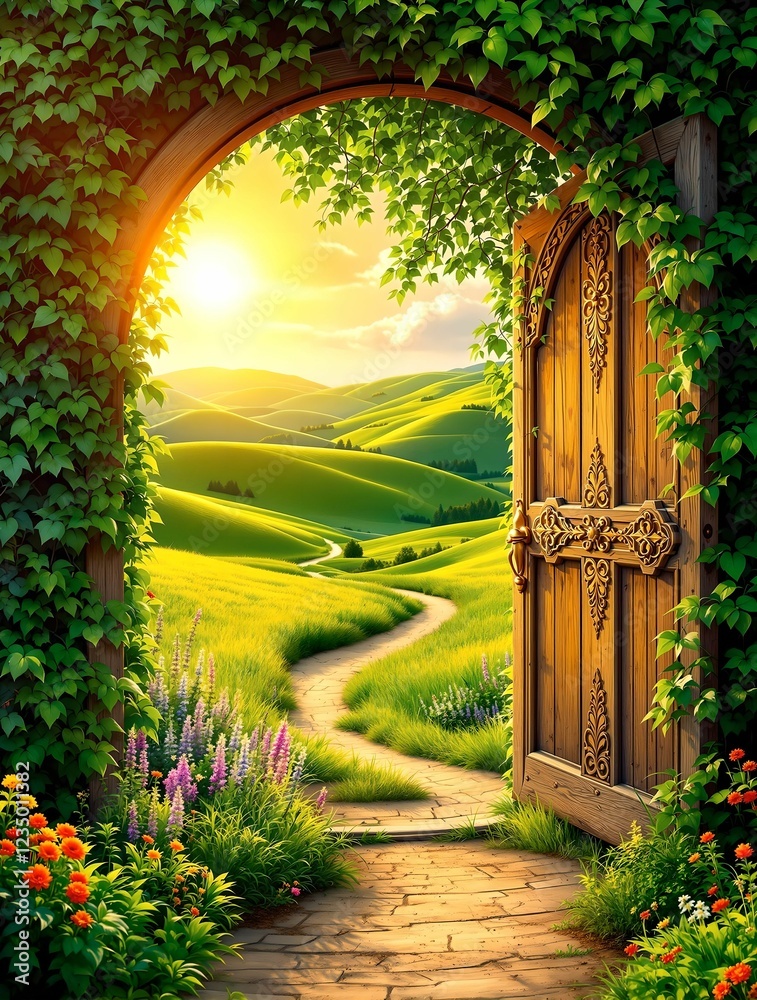 An enchanting wooden archway adorned with ivy and flowers opens to a breathtaking view of rolling green hills, a winding path, and golden sunlight beneath a vast blue sky.