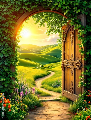 Obraz na płótnie An enchanting wooden archway adorned with ivy and flowers opens to a breathtaking view of rolling green hills, a winding path, and golden sunlight beneath a vast blue sky. w salonie