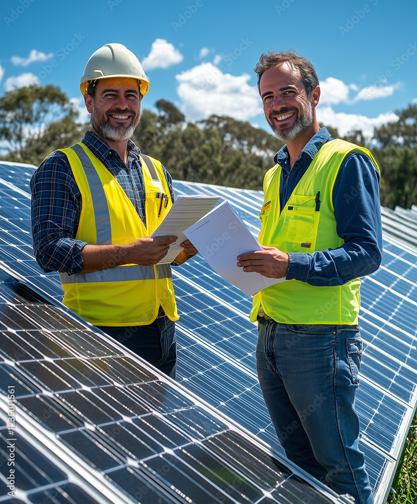 Two men in yellow safety vests and helmets smile while reviewing documents near solar panels, showcasing teamwork and renewable energy