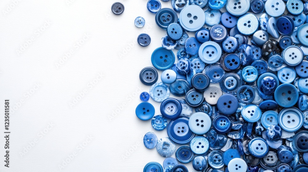 Assorted blue buttons scattered on white background. Assorted blue buttons scattered on white background.