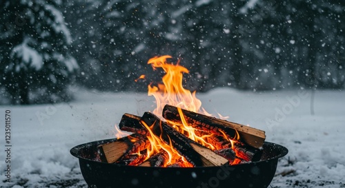 A warm campfire glows brightly in a snowy landscape, creating a cozy and inviting atmosphere amidst falling snowflakes