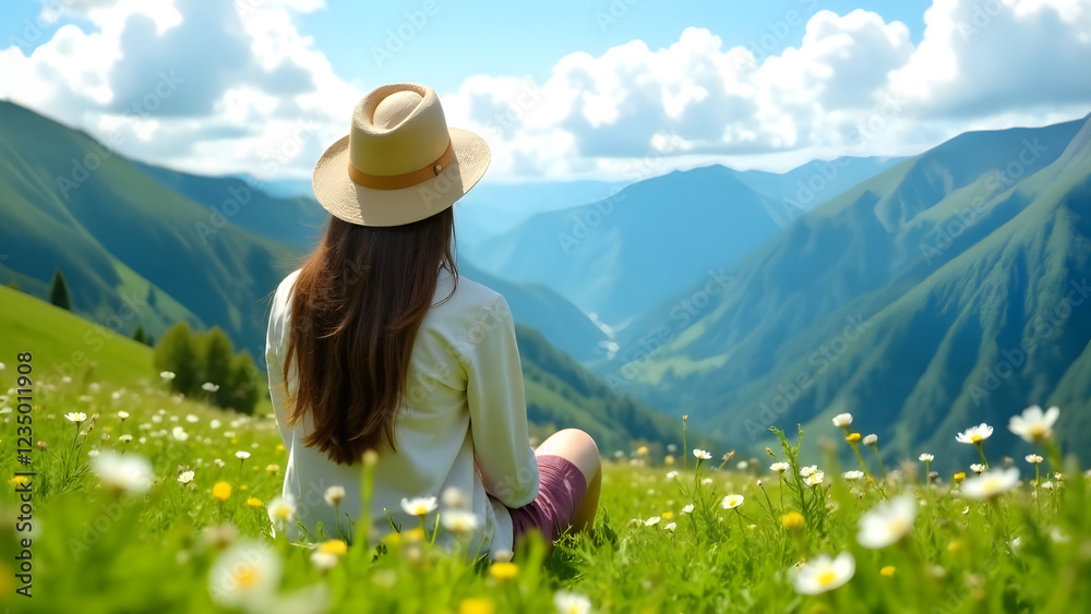 A woman is peacefully gazing at the breathtaking and majestic mountains while enjoying a vibrant meadow